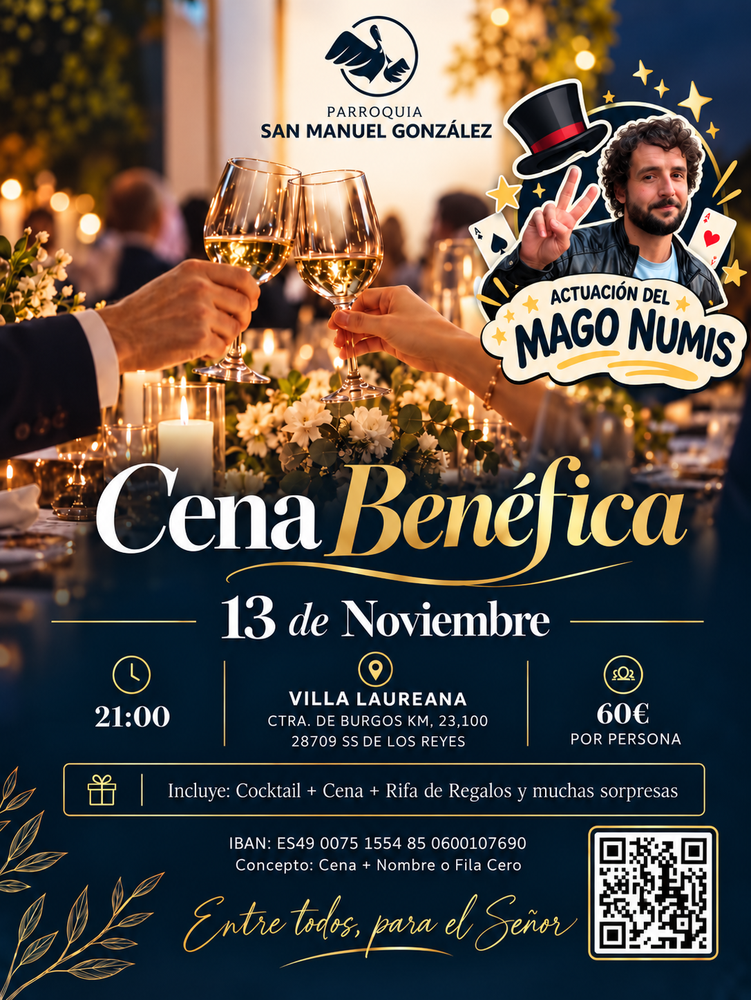 Cartel de la cena benéfica de San Manuel González, el 13 de noviembre a las 21:00 en Villa Laureana, con actuación del mago Numis.